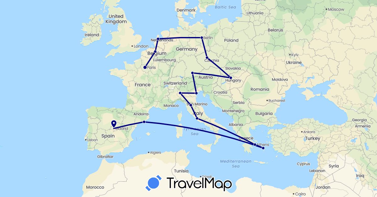 TravelMap itinerary: driving in Belgium, Czech Republic, Germany, Spain, France, Greece, Hungary, Italy, Netherlands (Europe)